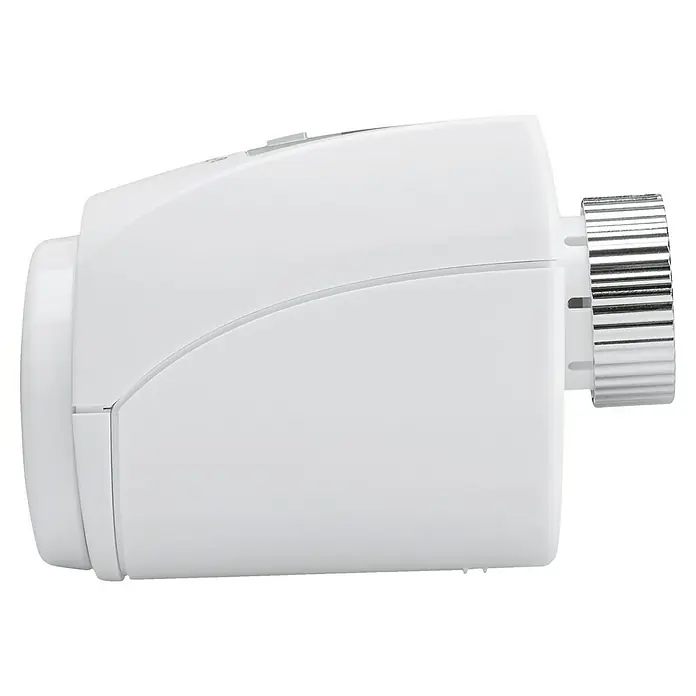 Homematic IP Heizkörper-Thermostat HmIP-eTRV-2 - Ventilanschluss: M30 x 1,5 mm, Batteriebetrieben, 97 x 58 x 71 mm, Weiß, 1 Stk. - Nahaufnahme eines weißen Heizkörperthermostats mit einem silberfarbenen Drehknopf, ideal zur Temperaturregelung im Raum.