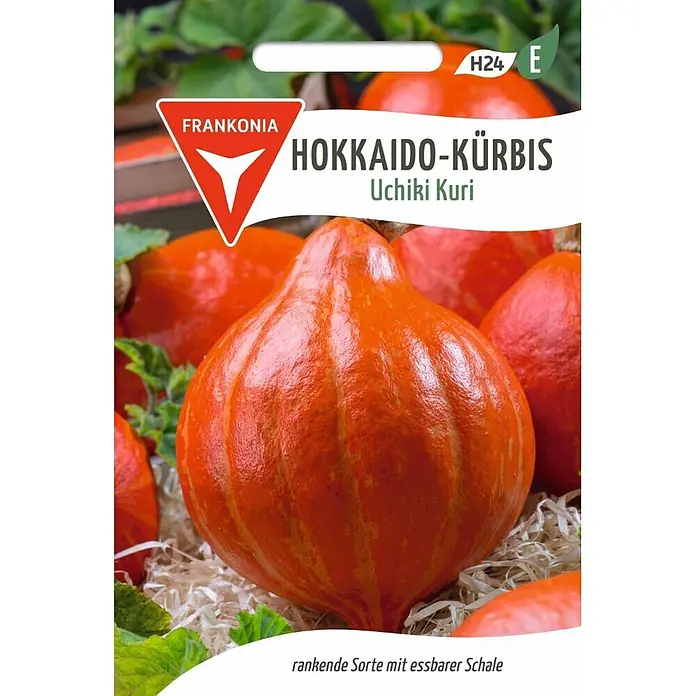 Frankonia Samen Saatgut Hokkaido Kürbis, Uchiki Kuri - Cucurbita maxima, 1,63 g - Hokkaido-Kürbis-Samenpackung mit mehreren orangefarbenen Uchiki Kuri Kürbissen, einer rankenden Sorte mit essbarer Schale.