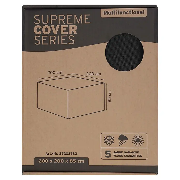 Sunfun Lounge-Set Schutzhülle - L x B x H: 200 x 200 x 85 cm, Kunststoff - Verpackung für eine braune multifunktionale Abdeckung, 200x200x85 cm, mit schwarzem Material und Allwetter-Symbolen.