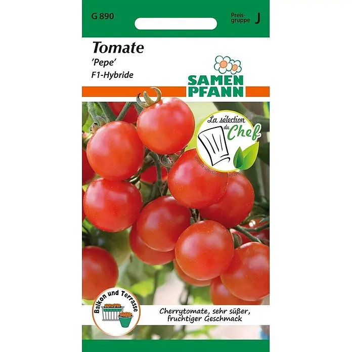 Samen Pfann Saatgut Tomate, Pepe F1 (Cherry-Tomate) - Solanum lycopersicum, 1,6 g - Samentüte für Cherrytomaten der Sorte 'Tomate Pepe' F1-Hybride, zeigt rote Tomaten am Strauch.