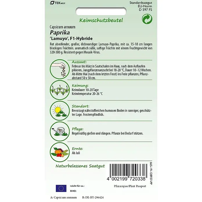 Samen Pfann Saatgut Paprika, Lamuyo F1 - Capsicum annuum, 1,6 g - Tekwest Samenpackung für Lamuyo F1-Hybrid Paprika mit Anbauanleitung und Produktdetails.