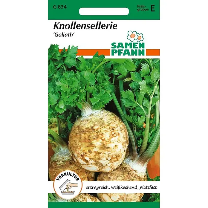Samen Pfann Saatgut Knollensellerie, Goliath - Apium graveolens, 1,6 g - Samentüte für Knollensellerie 'Goliath', mit reifen Knollen und grünen Blättern.