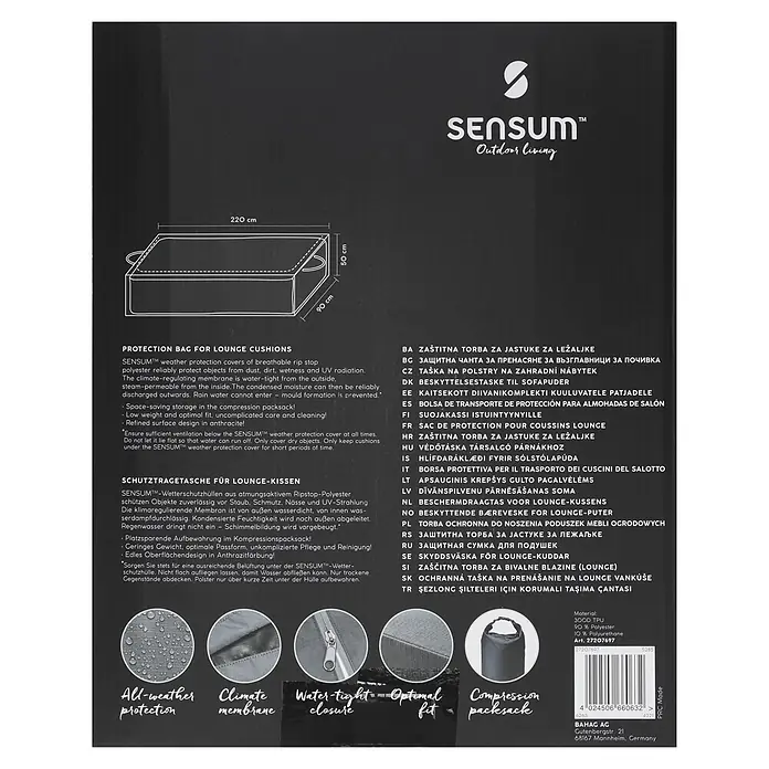 SENSUM Auflagen-Schutzhülle Tragetasche - L x B x H: 220 x 90 x 50 cm, Polyester, 140 g/m² - Anthrazitfarbene Ripstop-Polyester-Schutzhülle (220x90x50 cm) für Lounge-Kissen, wetterfest, atmungsaktiv, wasserdicht und komprimierbar.
