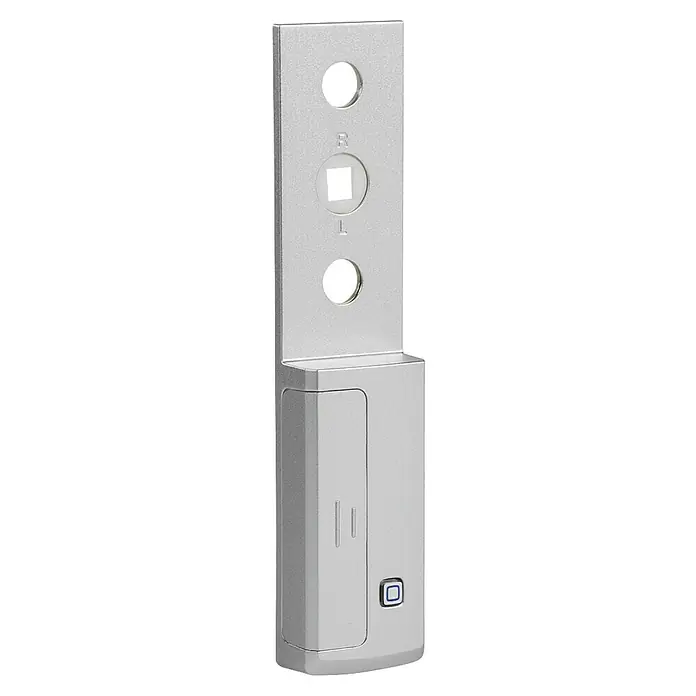 Homematic IP Fenstersensor HmIP-SRH - Weiß, 16 x 32 x 143 mm, Batteriebetrieben - Nahaufnahme eines silbernen Türschließers mit Bohrlöchern und einem blauen Knopf.
