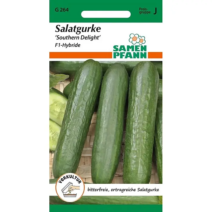 Samen Pfann Saatgut Salatgurke, Southern Delight F1 - Cucumis sativus, var. Southern Delight F1, 1,6 g - Samenpäckchen für 'Southern Delight' F1-Hybride Salatgurken, zeigt drei grüne Gurken und ein Vorkultur-Symbol.