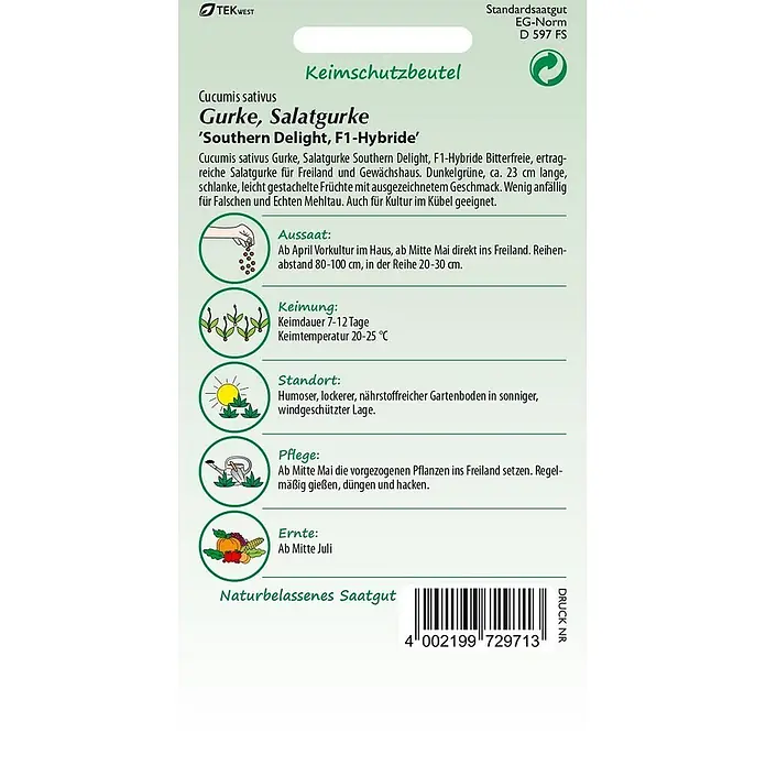 Samen Pfann Saatgut Salatgurke, Southern Delight F1 - Cucumis sativus, var. Southern Delight F1, 1,6 g - Saatgutpackung für Salatgurke 'Southern Delight F1-Hybride' mit Pflanzanleitung und Produktdetails.