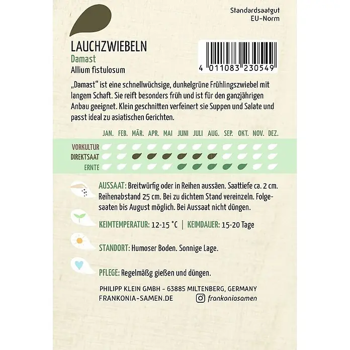 Frankonia Samen Saatgut Lauchzwiebel, Damast - Allium fistulosum, 1,53 g - Samentüte für Lauchzwiebeln 'Damast' mit Anbauinformationen.