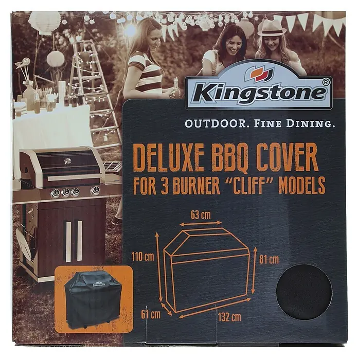 Kingstone Grill-Schutzhülle - Passend für: Kingstone Gasgrill Cliff 350/350-I - Schwarze Kingstone Deluxe BBQ Abdeckung für 3-Brenner 'Cliff' Modelle, mit Produkt und Maßen auf der Verpackung.