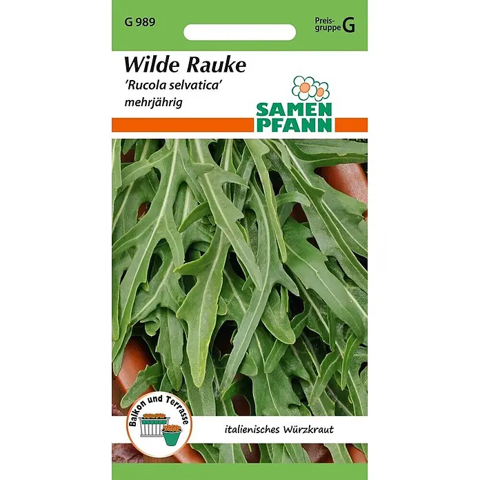 Samen Pfann Saatgut Wilde Rauke - Diplotaxis tenuifolia, 1,6 g - Samenpäckchen für Wilde Rauke ('Rucola selvatica') mit Abbildung grüner, gezackter Blätter und Marke 'Samen Pfann'.