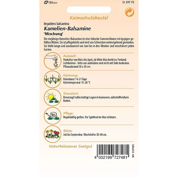 Samen Pfann Saatgut Kamelien-Balsamine (Antischnecken) - Impatiens balsamina, 1,6 g - Samenpackung für Kamelien-Balsamine 'Mischung' mit naturbelassenem Saatgut und Pflanzinformationen.