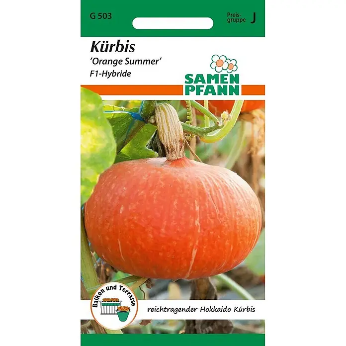 Samen Pfann Saatgut Kürbis, Orange Summer F1 (Hokkaido-Kürbis) - Cucurbita maxima, 1,6 g - Samenpackung für 'Orange Summer' F1-Hybrid Hokkaido Kürbis mit großem orangem Kürbisbild auf der Vorderseite.