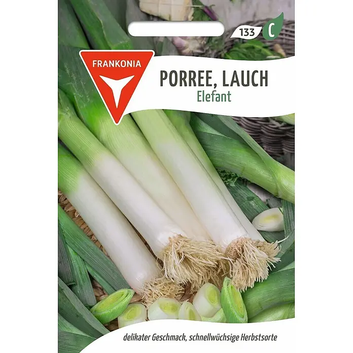 Frankonia Samen Saatgut Porree - Lauch, Elefant - Allium porrum, 1,58 g - Frischer grün-weißer Porree 'Elefant' mit Wurzeln und geschnittenen Stücken.