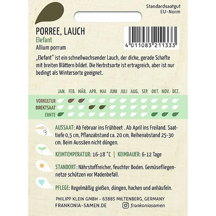 Frankonia Samen Saatgut Porree - Lauch, Elefant - Allium porrum, 1,58 g - Samentüte für 'Porree, Lauch Elefant' mit Pflanzanleitung.