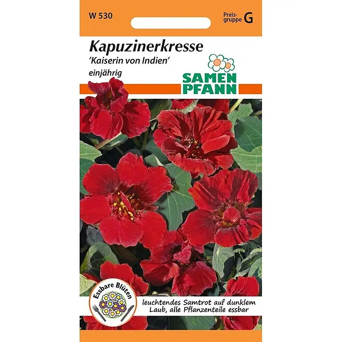 Samen Pfann Saatgut Kapuzinerkresse, Kaiserin von Indien - Tropaeolum minus - Samenpäckchen für Kapuzinerkresse 'Kaiserin von Indien' mit leuchtend roten Blüten und dunklem Laub. Alle Pflanzenteile sind essbar.