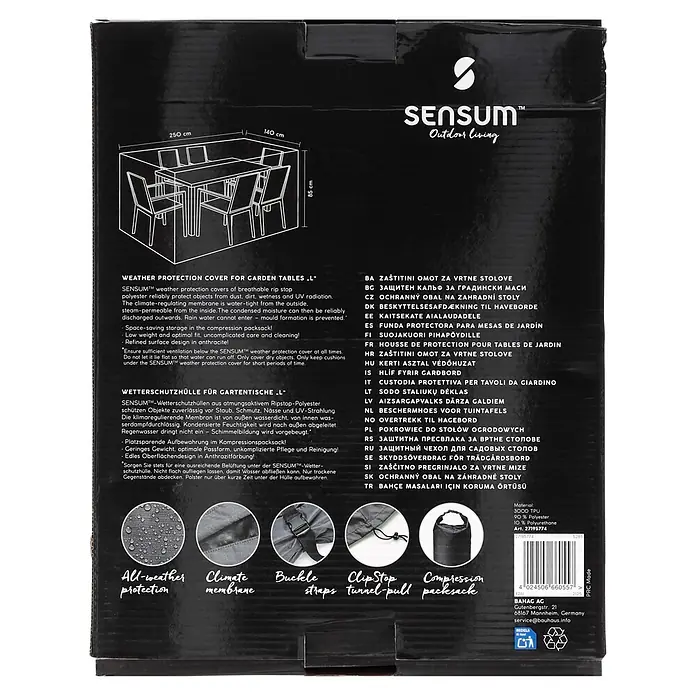 SENSUM Sitzgruppen-Schutzhülle - L x B x H: 250 x 140 x 85 cm, Polyester, 140 g/m² - Anthrazitfarbene Wetterschutzhülle für Gartentische (250x140x85 cm) aus Ripstop-Polyester/Polyurethan.