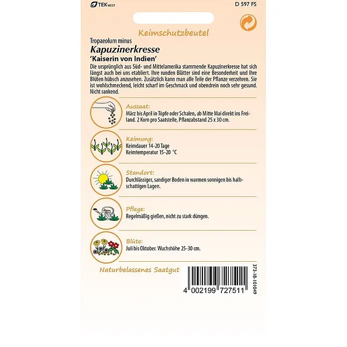Samen Pfann Saatgut Kapuzinerkresse, Kaiserin von Indien - Tropaeolum minus - Samenpäckchen für Kapuzinerkresse 'Kaiserin von Indien' von TEKWEST, mit Anbauanleitung und Barcode.