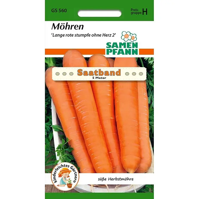 Samen Pfann Saatgut Möhre, Lange rote Stumpfe ohne Herz Saatband - Daucus carota, 2,5 g - Packung Möhren-Saatband 'Lange rote stumpfe ohne Herz 2' (5m) mit Karottenabbildung.