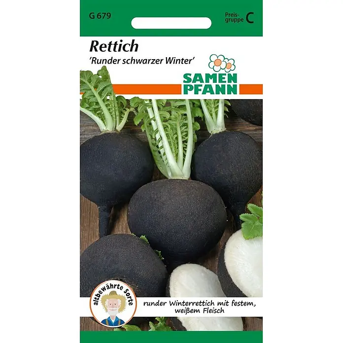 Samen Pfann Saatgut Rettich, Runder schwarzer Winter - Raphanus sativus, 1,9 g - Samentüte für 'Runder schwarzer Winter' schwarzen Rettich, zeigt runde Knollen mit weißem Fruchtfleisch.