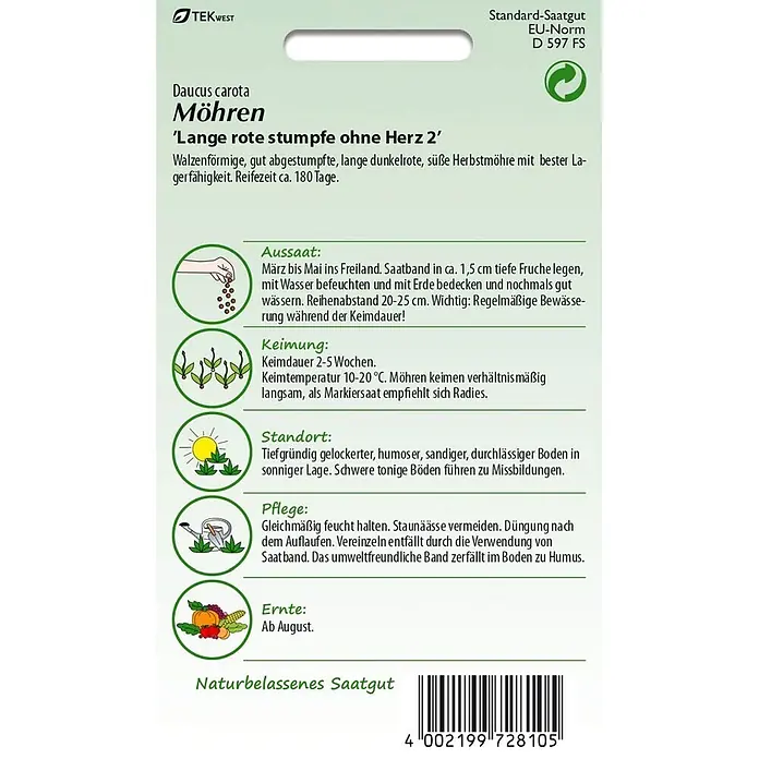 Samen Pfann Saatgut Möhre, Lange rote Stumpfe ohne Herz Saatband - Daucus carota, 2,5 g - Samenpäckchen für Möhren der Sorte 'Lange rote stumpfe ohne Herz 2' von TEK WEST mit Pflanzanleitung.
