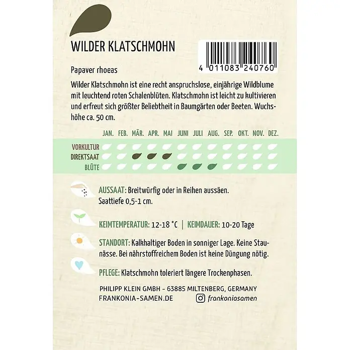Frankonia Samen Saatgut Wilder Klatschmohn - Papaver rhoeas - Samenpackung für Wilden Klatschmohn (Papaver rhoeas) mit Pflanzanleitung, Aussaatkalender und Barcode.