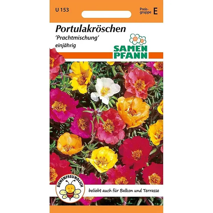 Samen Pfann Saatgut Portulakröschen, Prachtmischung - Portulaca grandiflora, 1,6 g - Samenpackung: Portulakröschen 'Prachtmischung', einjährige Pflanze mit leuchtenden, mehrfarbigen Blüten. Bienenfreundlich, für Balkon/Terrasse.