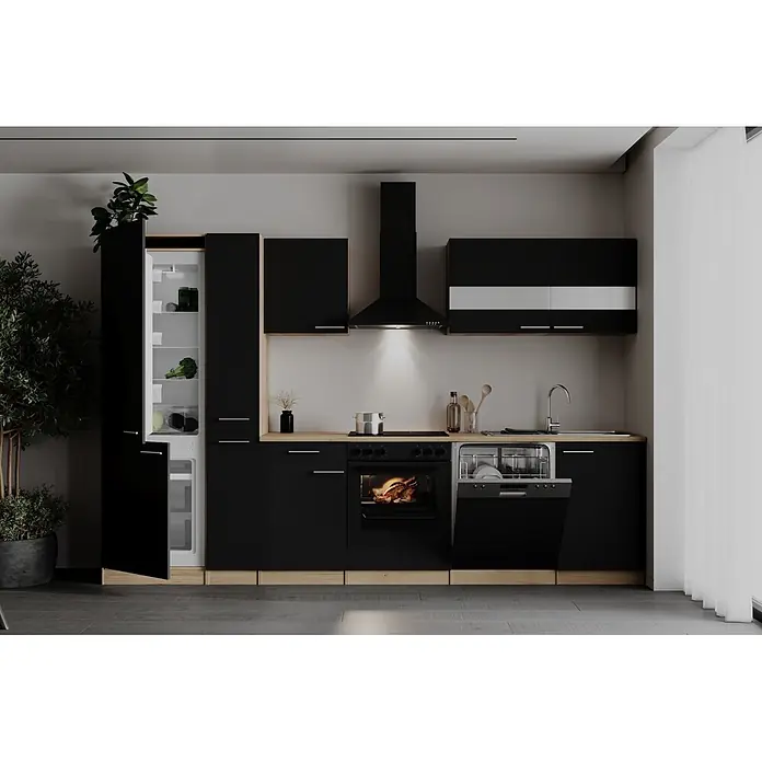 Respekta Küchenzeile Merle - Breite: 310 cm, Schwarz, Mit Elektrogeräten - Moderne schwarze Küche mit Holzdetails, integriertem Kühlschrank, Backofen und Geschirrspüler.