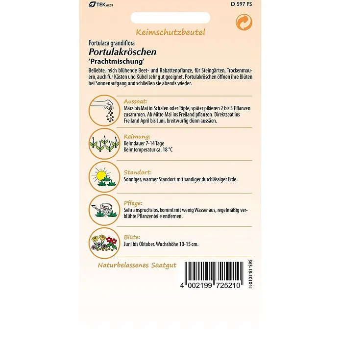 Samen Pfann Saatgut Portulakröschen, Prachtmischung - Portulaca grandiflora, 1,6 g - Samenpackung für Portulakröschen 'Prachtmischung' mit deutschen Pflanzanleitungen, Symbolen und Barcode.