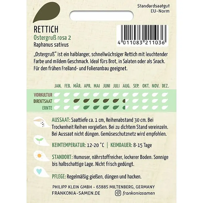 Frankonia Samen Saatgut Rettich, Ostergruß rosa - Raphanus sativus, 1,73 g - Samentüte für die Radieschensorte 'Ostergruß rosa 2', mit Anbauanweisungen, Sortenbeschreibung und Barcode.