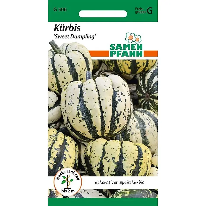 Samen Pfann Saatgut Kürbis, Sweet Dumpling - Cucurbita pepo, var. Sweet Dumpling, 1,6 g - Samenpäckchen für Kürbis 'Sweet Dumpling', zeigt weiße Kürbisse mit dunkelgrünen Streifen.
