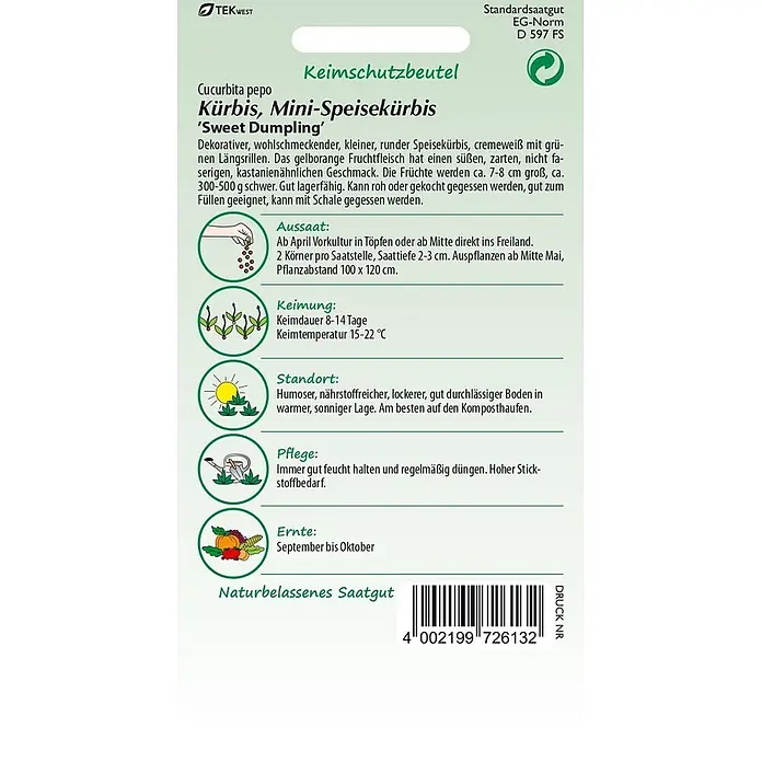Samen Pfann Saatgut Kürbis, Sweet Dumpling - Cucurbita pepo, var. Sweet Dumpling, 1,6 g - Samenpäckchen für 'Sweet Dumpling' Mini-Kürbis mit Pflanzanleitung und Produktdetails.
