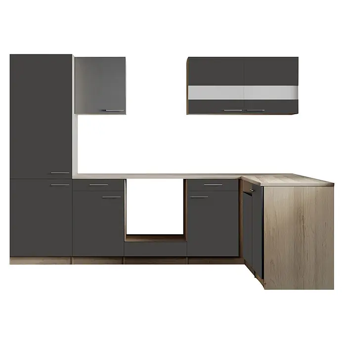 Respekta Merle Küchenleerblock - B x L: 280 x 172 cm, Grau, Ohne Elektrogeräte - Moderne L-förmige Küchenzeile mit dunkelgrauen Fronten und hellen Holzoptik-Arbeitsplatten und Akzenten.