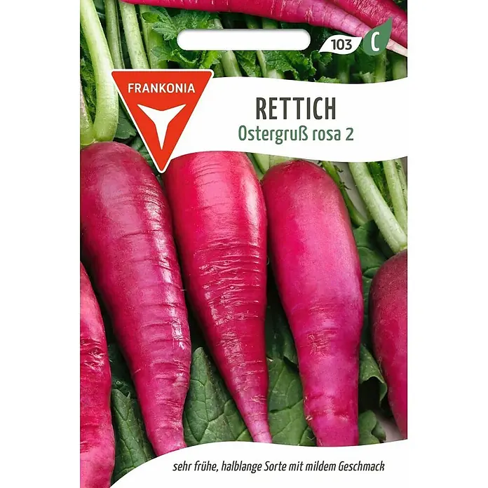 Frankonia Samen Saatgut Rettich, Ostergruß rosa - Raphanus sativus, 1,73 g - Frankonia 'Ostergruß rosa 2' Radieschensamen. Diese Sorte ist sehr früh, halblang und hat milde, rosa Früchte.