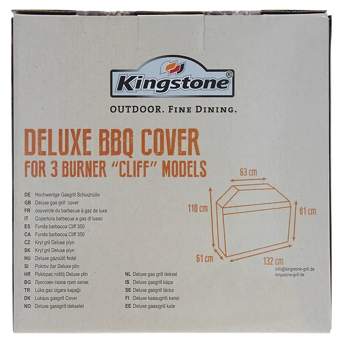 Kingstone Grill-Schutzhülle - Passend für: Kingstone Gasgrill Cliff 350/350-I - Verpackung der Kingstone Deluxe Grillabdeckung für 3-Brenner 'Cliff'-Modelle, mit Maßen 132x61x110/81 cm und mehrsprachigen Details.