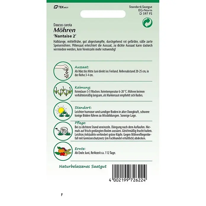 Samen Pfann Saatgut Möhre, Nantaise Pillensaat - Daucus carota, 2,5 g - Grüne und weiße Samtüte für Karotten der Sorte 'Nantaise 2' mit Anbauanleitung und Barcode.