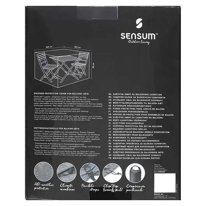 SENSUM Balkon-Set-Schutzhülle - Polyester, Grau, 140 g/m² - SENSUM Wetterschutzhülle für Balkon-Sets (160x160x85 cm) aus anthrazitfarbenem Ripstop-Polyester. Mit Klimamembran, Schnallenbändern und Kompressionspacksack.