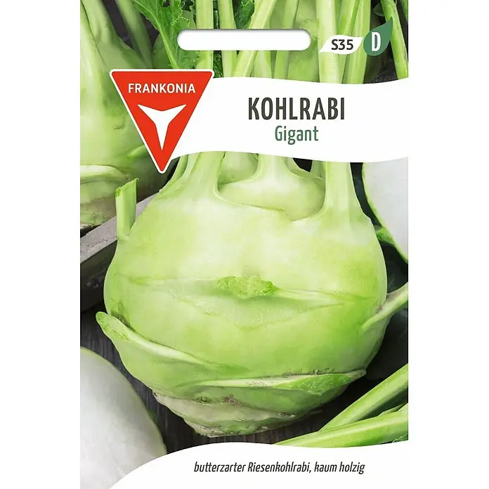 Frankonia Samen Saatgut Kohlrabi, Gigant - Brassica oleracea, 1,53 g - Saatgutpackung für 'Kohlrabi Gigant' mit einer großen, hellgrünen Kohlrabi-Knolle und grünen Stielen.