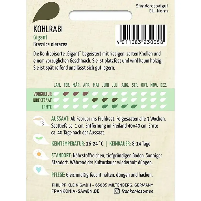 Frankonia Samen Saatgut Kohlrabi, Gigant - Brassica oleracea, 1,53 g - Kohlrabi 'Gigant' Samenpäckchen mit Pflanzanleitung und Barcode.
