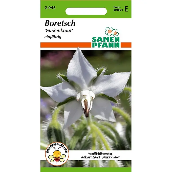 Samen Pfann Saatgut Borretsch - Borago officinalis, 1,6 g - Samenpackung für weißblühenden Boretsch (Gurkenkraut), einjährige, bienenfreundliche Zier- und Würzkrautpflanze.