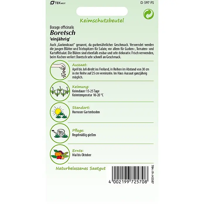 Samen Pfann Saatgut Borretsch - Borago officinalis, 1,6 g - Samentütchen für Borretsch (Borago officinalis), einjährig, mit Anbauanweisungen.