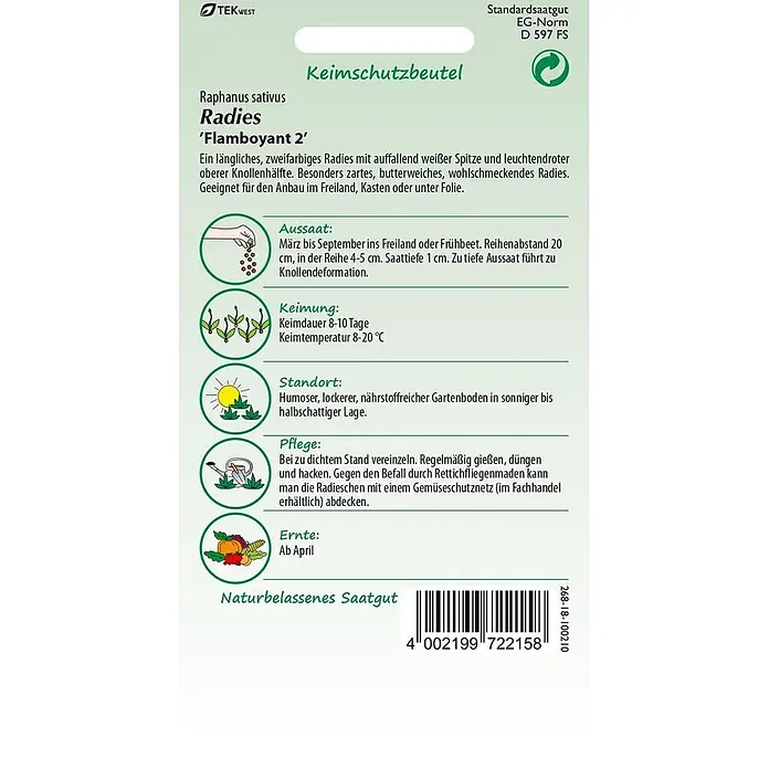Samen Pfann Saatgut Radies, Flamboyant - Raphanus sativus, 1,9 g - TEKWEST Radies 'Flamboyant 2' Saatguttüte mit Infos zu Aussaat, Keimung, Standort, Pflege, Ernte und Barcode.