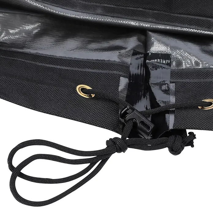 Sunfun Sitzgruppen-Schutzhülle S - L x B x H: 170 x 140 x 85 cm, Polyester, 160 g/m², Schwarz/Anthrazit - Schwarze Abdeckung/Plane mit Kordelzug, Kordelstopper und goldfarbenen Ösen am unteren Rand.