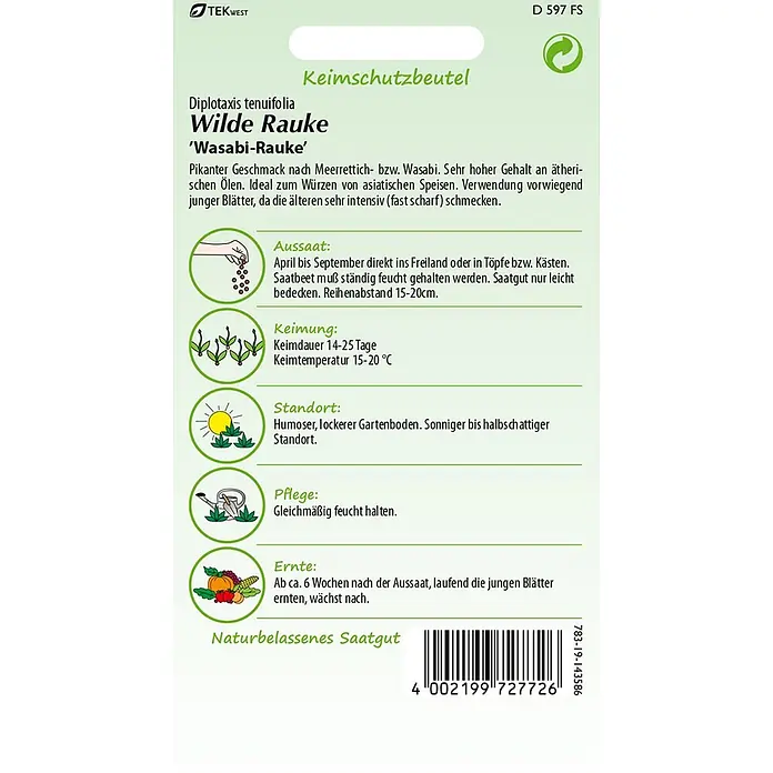 Samen Pfann Saatgut Wilde Rauke, Wasabi - Diplotaxis tenuifolia, 1,6 g - Samenpäckchen für 'Wasabi-Rauke' mit Pflanzanleitung und Barcode.