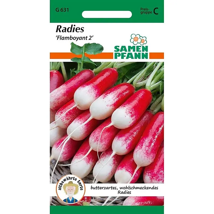 Samen Pfann Saatgut Radies, Flamboyant - Raphanus sativus, 1,9 g - Samenpackung für Radies 'Flamboyant 2' mit Bild von roten und weißen Radieschen.