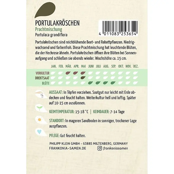 Frankonia Samen Saatgut Portulakröschen, Prachtmischung - Portulaca grandiflora, 1,47 g - Samentüte für Portulakröschen Prachtmischung mit Pflanzanleitung und Barcode.