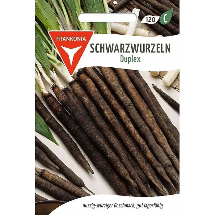 Frankonia Samen Saatgut Schwarzwurzeln, Duplex - Scorzonera hispanica, 1,68 g - Frankonia Duplex Schwarzwurzeln, lang und dunkelbraun mit grünen Blättern, daneben einige geschälte weiße Stücke.