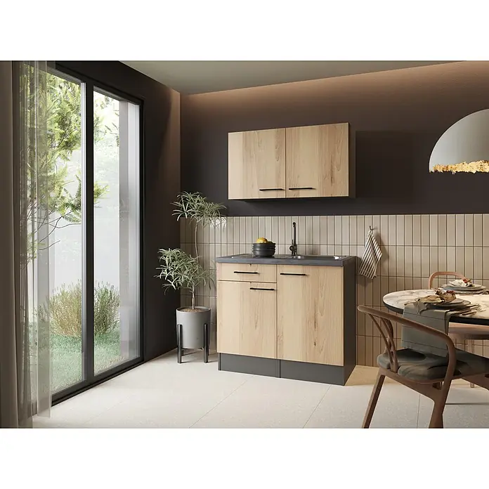 Respekta Komplettspüle - 100 x 60 cm, Artisan Eiche Nachbildung, Mit Oberschrank - Heller Holz-Küchenschrank mit dunkelgrauer Arbeitsplatte und Spüle, dazu passender Oberschrank.