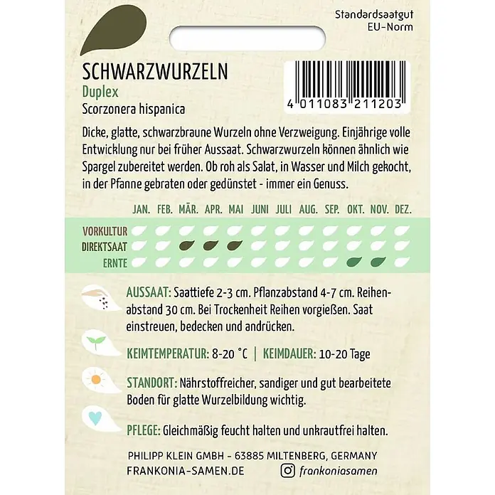 Frankonia Samen Saatgut Schwarzwurzeln, Duplex - Scorzonera hispanica, 1,68 g - Samenpäckchen für Schwarzwurzeln 'Duplex' mit Aussaat- und Pflegehinweisen sowie Barcode.