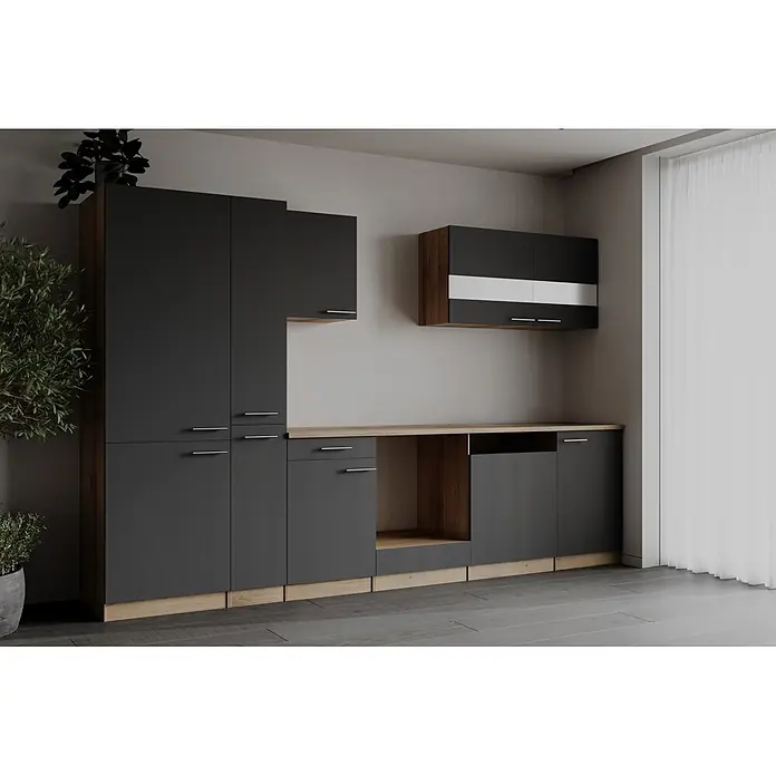 Respekta Merle Küchenleerblock - Breite: 310 cm, Grau, Ohne Elektrogeräte - Moderne dunkelgraue Küchenschränke mit hellen Holzelementen und Arbeitsplatte.
