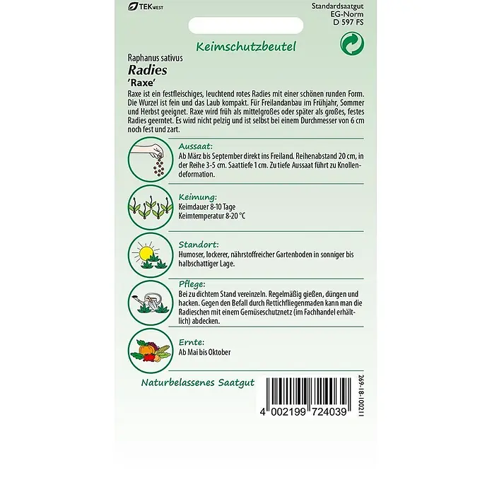 Samen Pfann Saatgut Radies, Raxe - Raphanus sativus, 1,9 g - Weiß-grüne Samentüte für Radieschen 'Raxe' mit Anbauinformationen und Barcode.