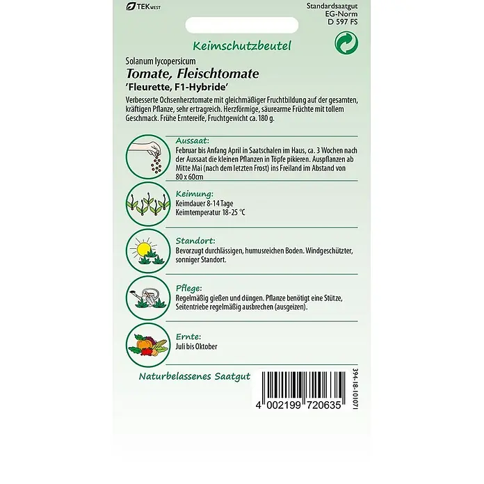 Samen Pfann Saatgut Tomate, Fleurette F1 (Ochsenherztomate) - Solanum lycopersicum, 1,6 g - Samenpackung Fleischtomate 'Fleurette, F1-Hybride' mit Anbauinformationen.